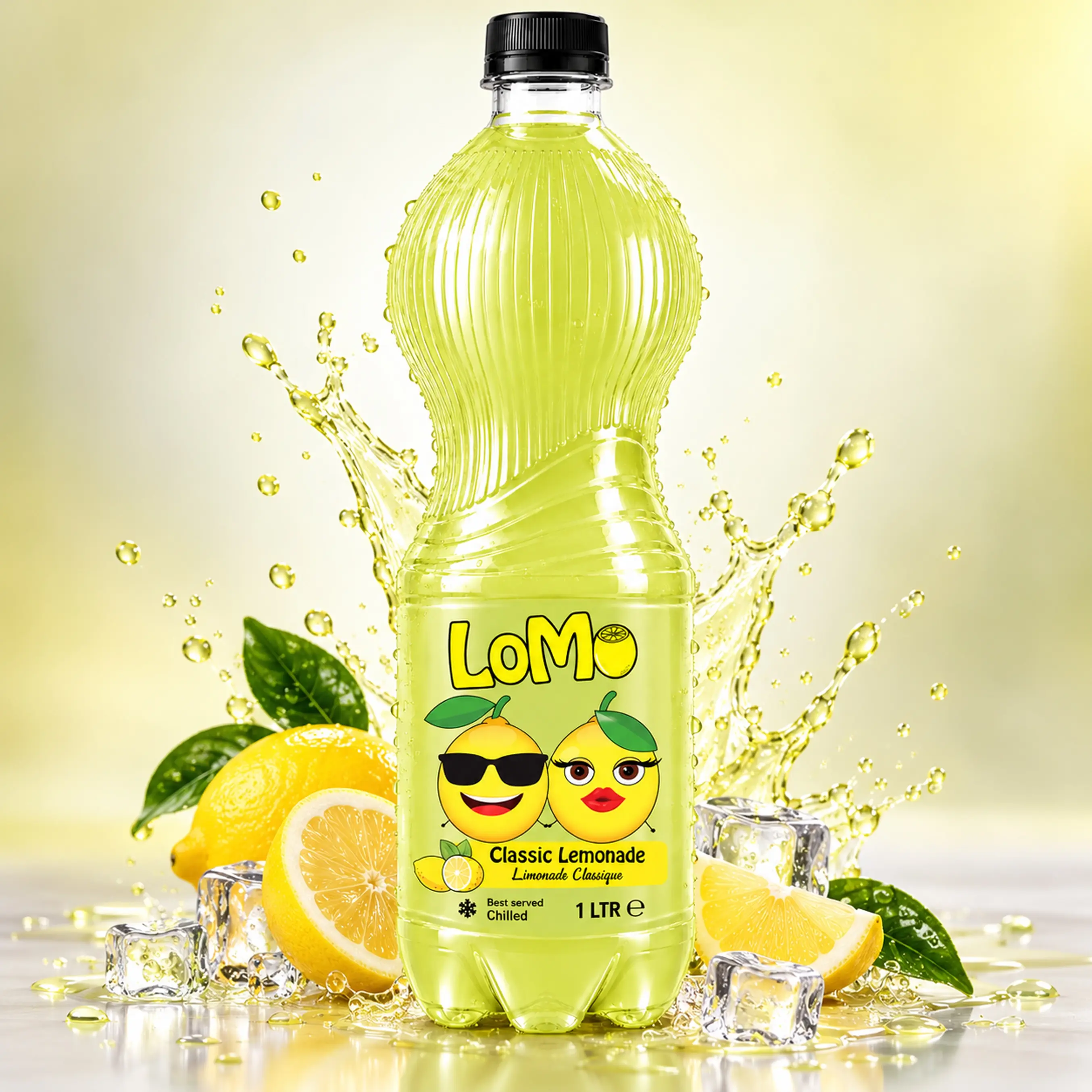 LOMO Classic Lemonade 1L bottle with fresh lemons, green leaves, ice cubes and lemon splash.